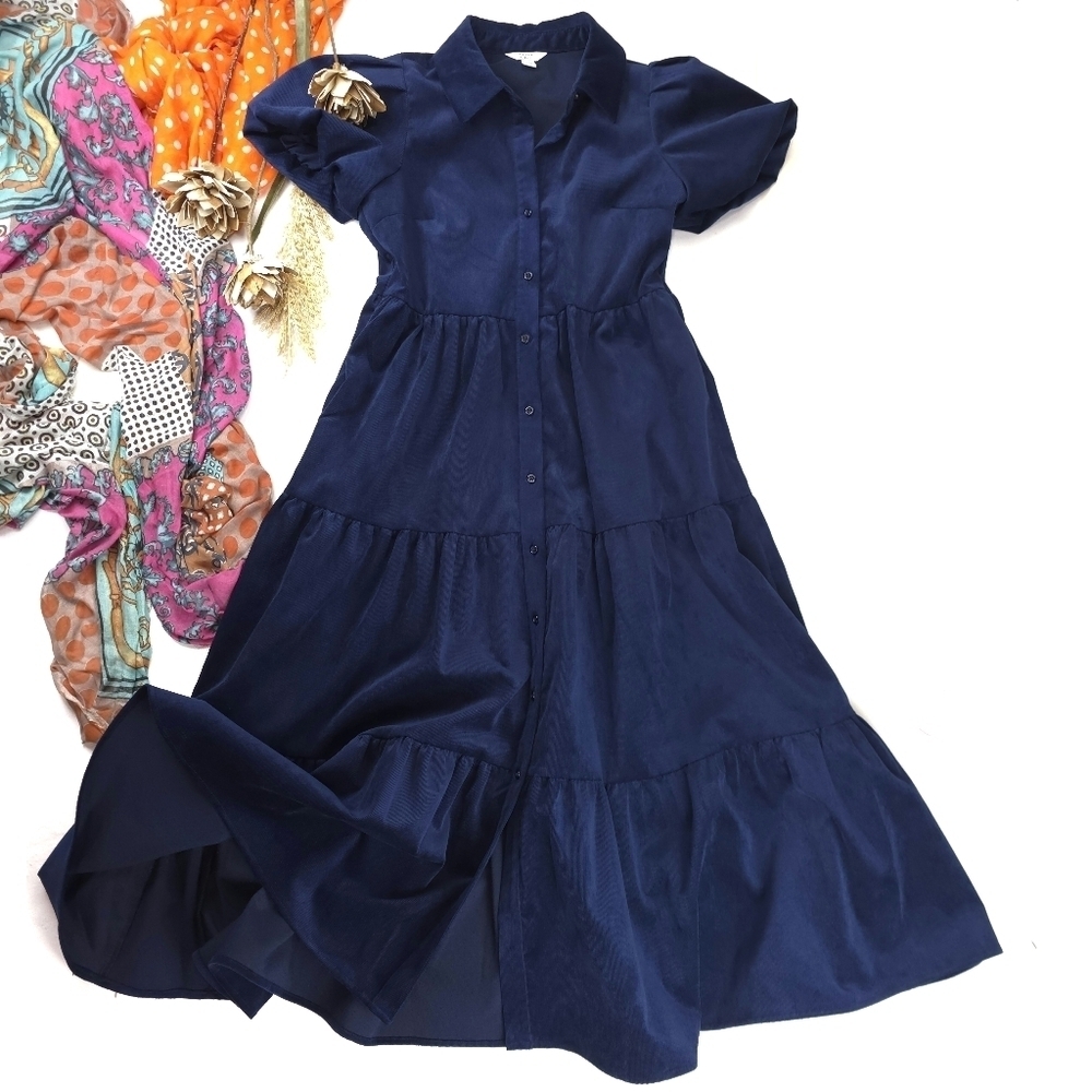 Crown Navy Blue Button-Up Maxi Dress Sz Xs